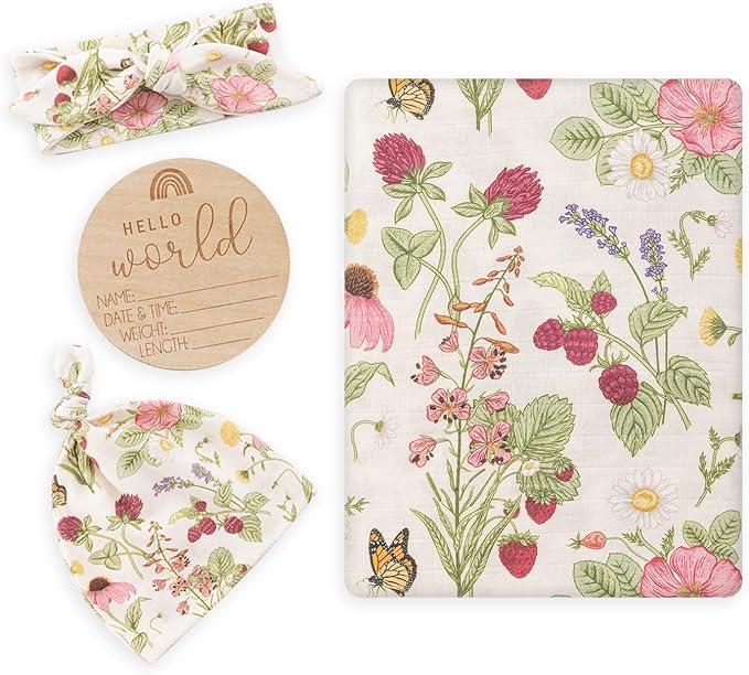 BabyWhale Muslin Swaddle Blanket with Hat and Headband Bow, Floral Pattern Swaddle Set for Baby Boys ＆ Girls, Unisex Newborn Soft Receiving Swaddle Wrap, 47x47 inches