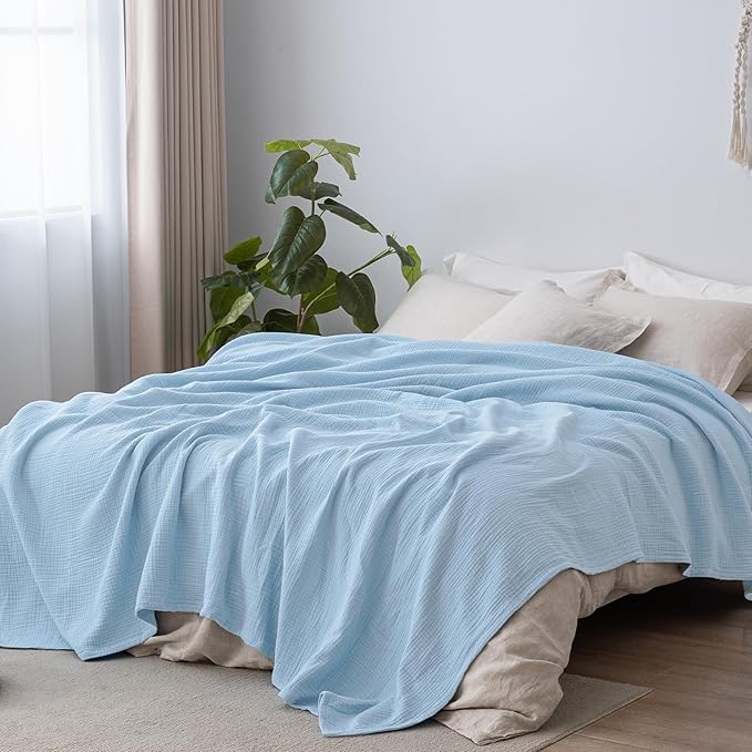 PHF 100% Cotton Muslin Blanket King Size 108"x90", 4-Layer Lightweight Gauze Throw, Breathable Cloud-Soft Minimalist Blanket for Bed, Couch, Camping & Baby, Sky Blue, Ideal Gift