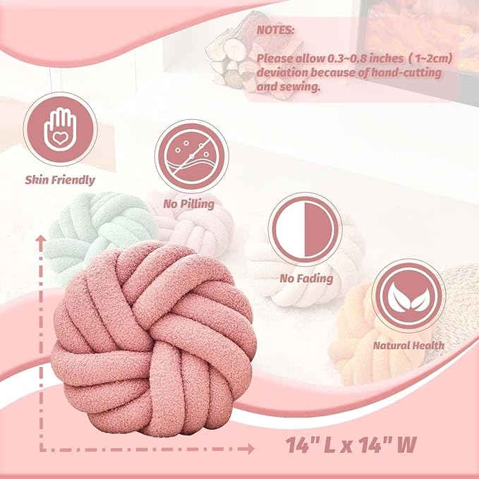 Uvvyui Knot Pillows, 14 Inch Decorative Throw Pillows Round Pillows Cushion, Soft Handmade Knotted Ball Pillow Plush Cushion Home Decor for Bed Couch Living Room (Dusty Pink, 14 Inch)