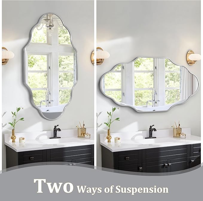 Scalloped Mirror for Bathroom - 26"x46" Silver Bathroom Mirror with Aviation Aluminum Alloy Frame & Shatter-Proof Glass for Living Room Bedroom Entryway, Brushed Silver Frame(x1)