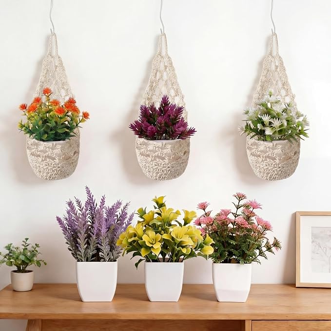 10 Pack Macrame Wall Plant Hanger with Artificial Pot Flower - Boho Wall Hanging Planter for Indoor Plant Cotton Rope Holder with Mini Fake Pot Flower for Home Wedding Decor Gift(Beige White)
