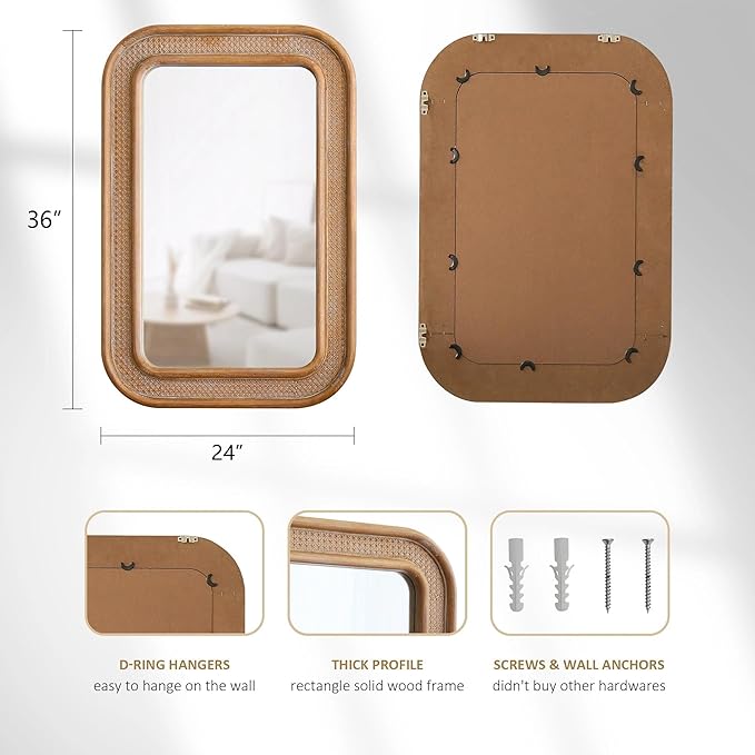 Micasso Handmade Rattan Mirror for Wall: 24"x36" Solid Wood Frame Bamboo Mirror - Distressed Finish Suit for Natural Style - Rustic Shabby Chic Wicker Mirrors for Farmhouse/Entryway for Nature Lovers
