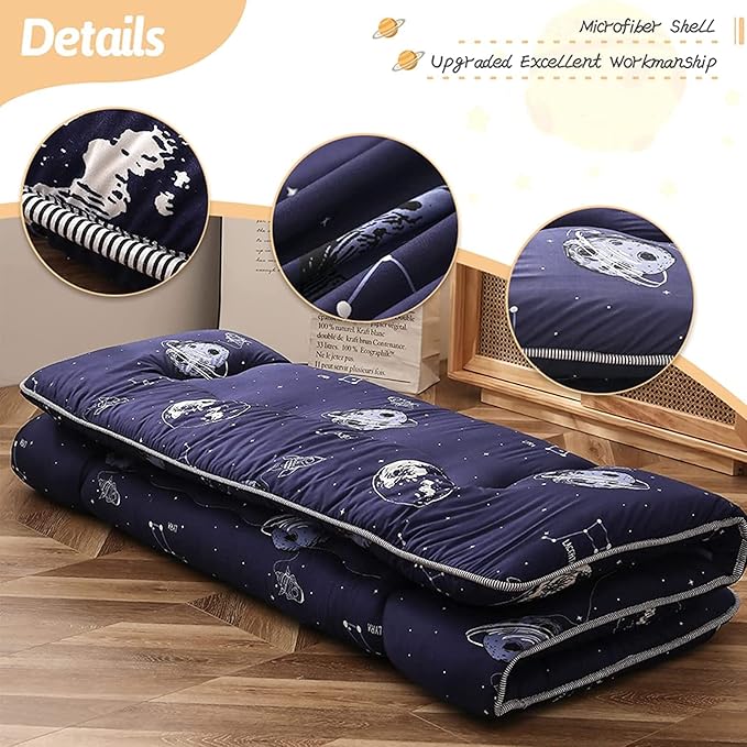 Navy Space Adventure Japanese Floor Futon Mattress, Thicken Tatami Mat Sleeping Pad Foldable Bed Roll Up Mattress Floor Lounger Bed Couches and Sofas for Kids Twin Size