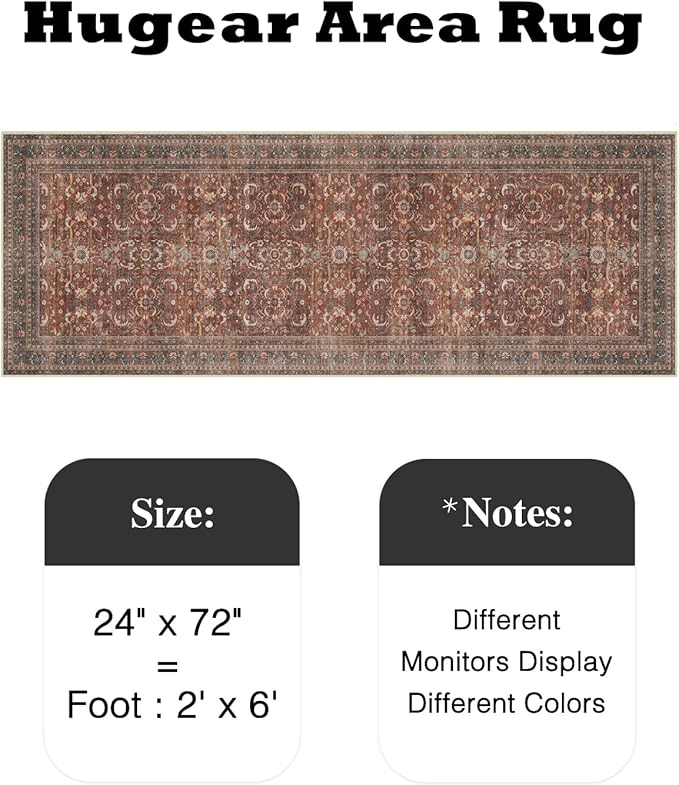 HUGEAR 2x6 Runner Rug Hallway Vintage Brick Red Machine Washable Retro Floral Low Pile Carpet Vacuumable Distressed Long Throw Rug Bedroom Office Bathroom Kitchen Laundry Non Slip Soft Lightweight