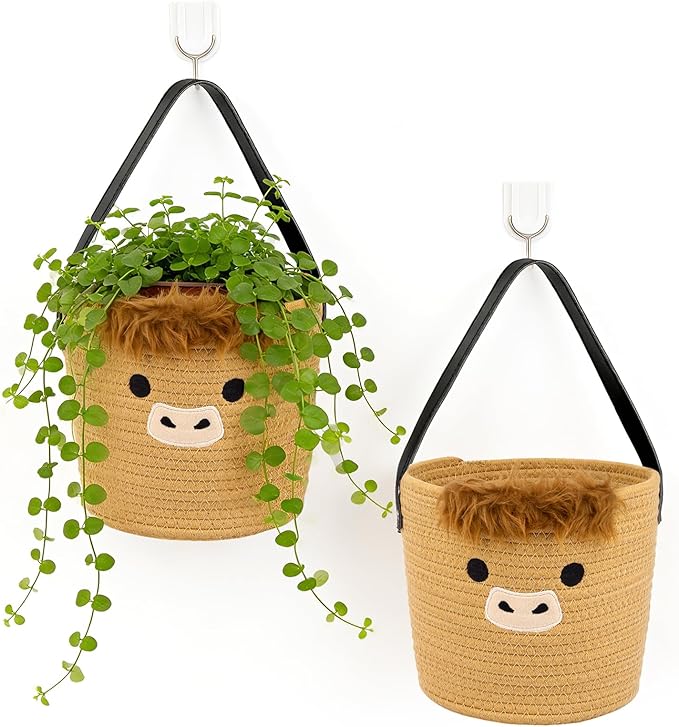 2 Pack Highland Cow Woven Hanging Basket with Leather Handle, Small Cute Brown Cotton Rope Wall Storage Basket for Plants Toys Remotes, Foldable Round Boho Decor (7.8x7inch)