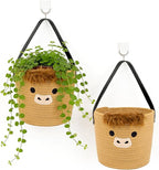 2 Pack Highland Cow Woven Hanging Basket with Leather Handle, Small Cute Brown Cotton Rope Wall Storage Basket for Plants Toys Remotes, Foldable Round Boho Decor (7.8x7inch)