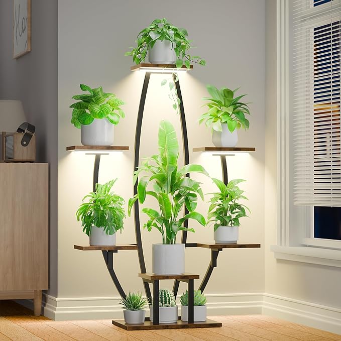 JUSTOGO Plant Stand Indoor with Grow Lights - 7 Tiered Large Plant Shelf Indoor, 47" Corner Plant Stands for Indoor Plants Multiple, Metal Plant Rack Flower Holder Display for Living Room, Home Decor