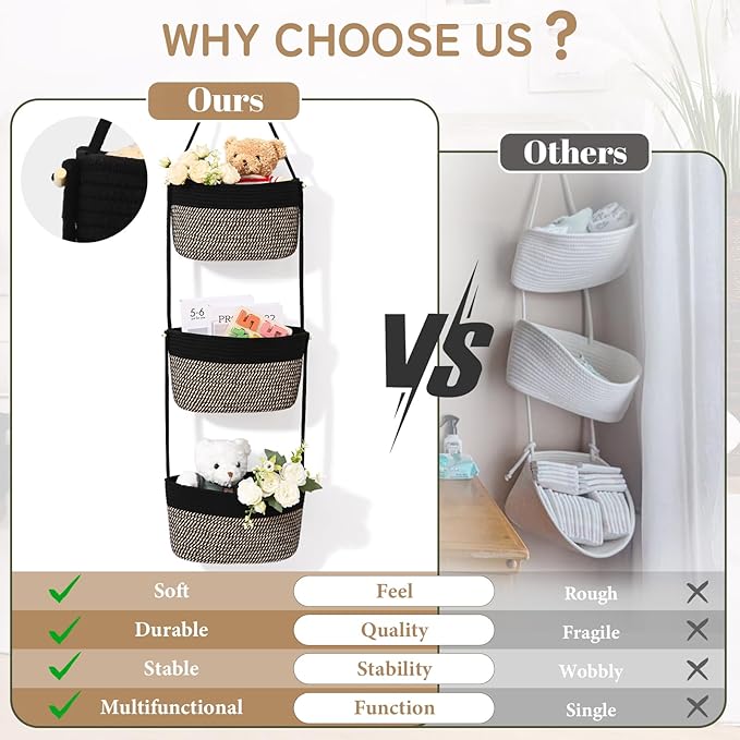 Hanging Basket, 3-Tier Wall Baskets, Over the Door Organizer with 4 Hooks, Hanging Baskets for Organizing, Woven Storage Basket Behind the Door for Nursery, Bedroom, Living Room, Kitchen