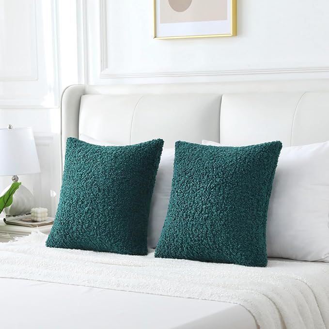 FUTEI Dark Green Throw Pillow Covers 20x20 Inch Set of 2,Furry Faux Fur Teddy Boucle Textured Cushion Covers,Soft Fluffy Decorative Pillow Case,Home Decor for Couch Bed Living Room Office Car