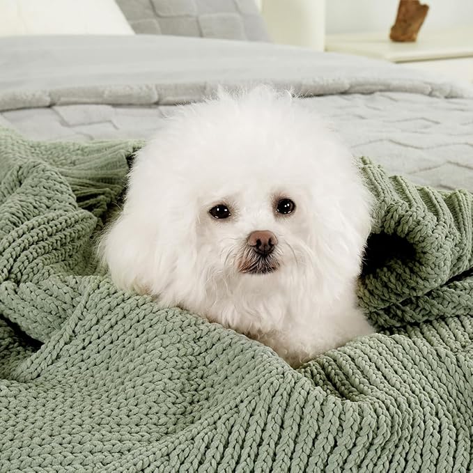 Amélie Home Chevron Chenille Knit Throw Blanket for Couch, Cozy Texture Decorative Soft Blanket for Sofa & Chair, 60"x80", Sage Green