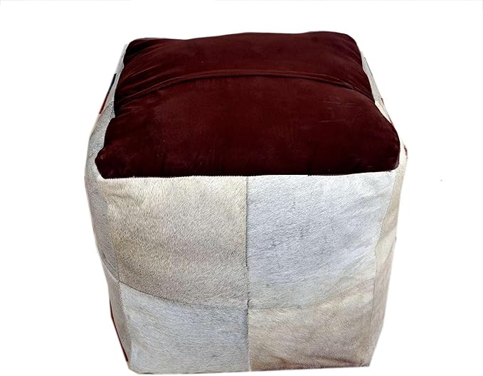 Unstuffed Premium Hair-on Leather Ottoman Pouf Cover, Boho Handmade Genuine Cowhide Square Footstool, Modern Cube Ottoman Footrest for Home Decor Living Room, Bedroom - 18X18 Inch, Grey