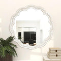 30 Inch Round Wall Mirror, Whitewashed Wooden Frame with Scalloped Edge & Beaded Trim, Decorative Farmhouse Boho Mirror for Bedroom, Bathroom, Living Room, Entryway