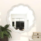 30 Inch Round Wall Mirror, Whitewashed Wooden Frame with Scalloped Edge & Beaded Trim, Decorative Farmhouse Boho Mirror for Bedroom, Bathroom, Living Room, Entryway
