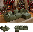VINGLI 112.2“ Convertible Corduroy Cloud Sectional Couches with Movable Ottoman, L-Shaped Boneless Couches for Living Room with Deep Seat, 3 Seater Modular Spineless Sofa, No Assembly Required, Green