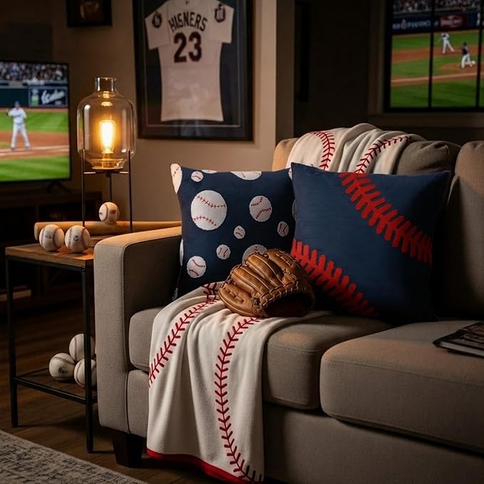 Breling Set of 2 Embroidered Baseball Velvet Pillow Cover 18x18 Inch Decorative Baseball Pillow Covers Cushion Case Sports Lover Gifts for Boys Room Decor Sofa Couch Bed Car
