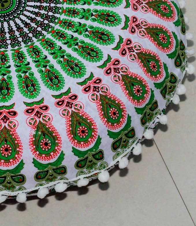 CRAFT KALA 22" Mandala Meditation Floor Pillows Cover Pouf Cover Round Seating Bohemian Mandala Cotton Floor Cushion Cover Outdoor Fireplace Seating Living Room Yoga Room Home Décor Green Red Floral