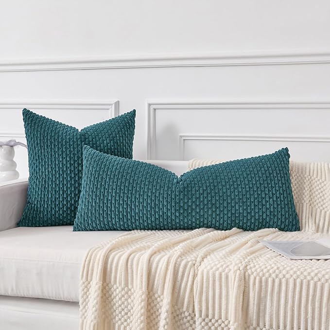 Kevin Textile 14x36 Inch Long Lumbar 1 Pack Boho Decorative Throw Pillow Cover Soft Striped Corduroy Rectangle Cushion Case Farmhouse Solid Color Accent for Living Room Couch Sofa Bed, Teal Blue