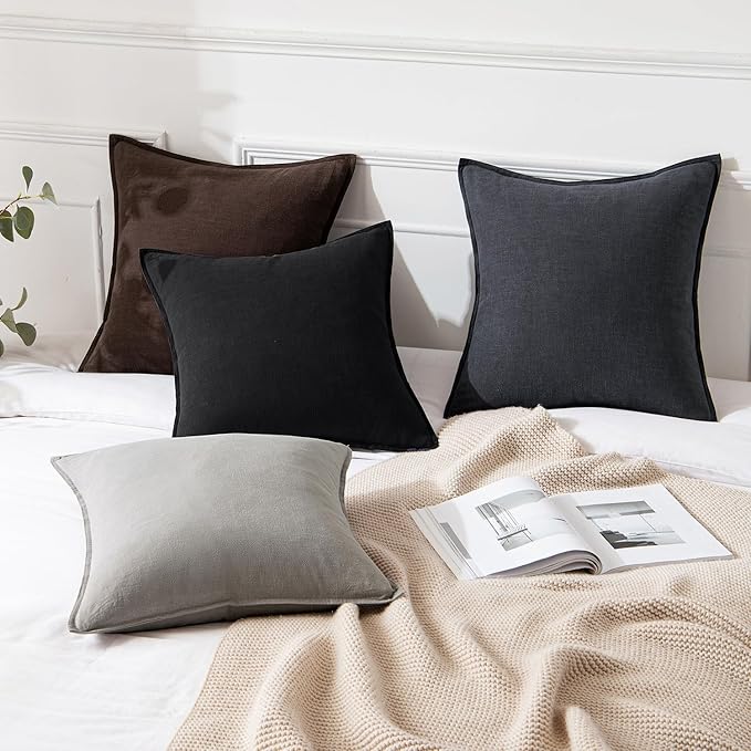 MIULEE Decorative Linen Euro Sham Pillow Covers 28x28 Inch Black Boho Farmhouse Neutral Couch Throw Pillows for Halloween Bed Pack of 2 Accent Modern Pillowcase Sofa Livingroom Home Decor