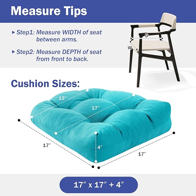 Outdoor Chair Cushions Set of 2, Patio Chair Cushions with Ties, 17x17+4” Tufted Outdoor Seat Cushions, Waterproof Patio Furniture Cushions, Outdoor Dining Chair Pads, Teal