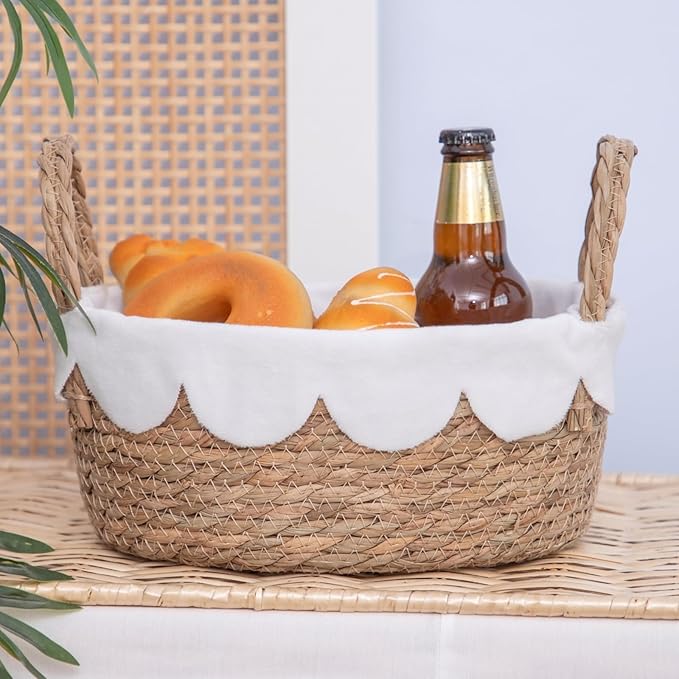 Handmade Seagrass Wicker Storage Basket with Handles & Removable Liner,Eco-Friendly Oval Woven Shelf Basket Organizer for Home Decor,Set of 3