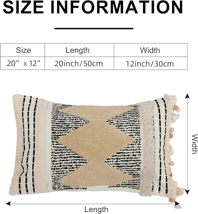 1Pc Boho Textured Lumbar Pillow Cover 12x 20, Diamond Woven Tufted Farmhouse Neutral Decorative Linen Pillow Cushion Case,Geometric Home Decor for Outdoor Couch Bedroom Car Black and White