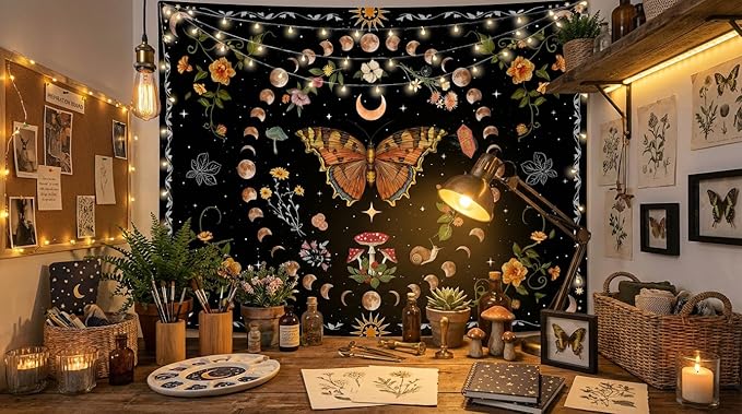 Aipon Orange Butterfly Moon Flower Tapestry Botanical Floral Plant Boho Tapestry for Bedroom Aesthetic Vintage Tapestries Wall Hanging for Living Room Dorm (60.00'' × 80.00'', Orange)