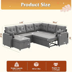 WLIVE 110'' Sectional Couches for Living Room, Pull Out Couch, U Shape 7 Seat Sleeper Sofa with Storage Chaise and Pillows, Removable Sofa Cover, Cups Holders, USB Charging Station, Grey