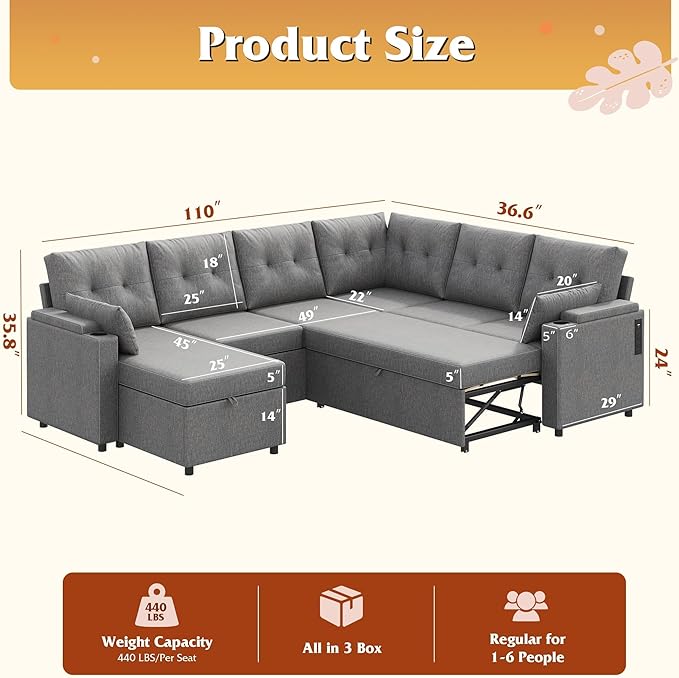 WLIVE 110'' Sectional Couches for Living Room, Pull Out Couch, U Shape 7 Seat Sleeper Sofa with Storage Chaise and Pillows, Removable Sofa Cover, Cups Holders, USB Charging Station, Grey