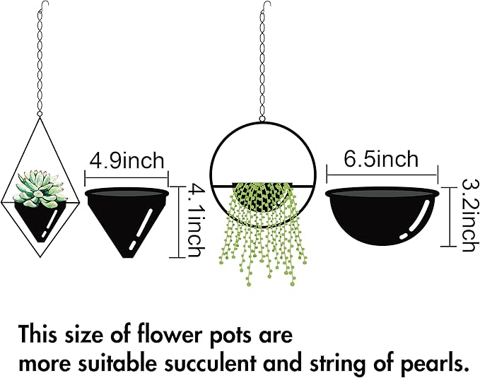 Metal Hanging Planters Set of 2 Modern Indoor Plant Hanger with Round and Diamond Pots, Geometric Small Wall and Ceiling Hanging Plant Holders for Succulents and Herbs, Black Finish