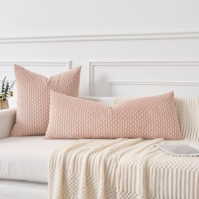 Kevin Textile Valentines 14x36 Inch Long Lumbar 1 Pack Boho Decorative Throw Pillow Cover Soft Striped Corduroy Rectangle Cushion Case Farmhouse Accent for Living Room Couch Sofa Bed, Light Pink