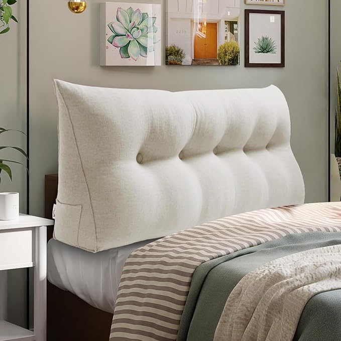 WOWMAX Headboard Pillow Queen Triangular Bed Wedge Pillow for Headboard Large Bolster Pillow for Bed with Removable Cover, 80% Cotton & 20% Linen Blend, Pure White