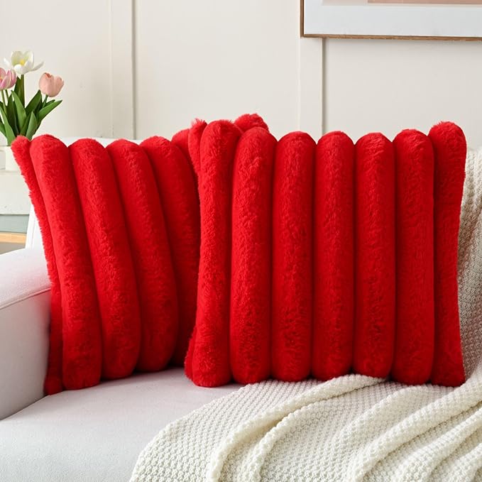 FUTEI Red Decorative Throw Pillow Covers 18x18 Inch Set of 2, Square Soft Faux Rabbit Fur Thick Striped Cushion Cover,Spring Home Decor for Couch Bed Living Room