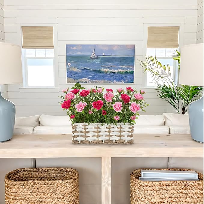 Artificial Rose Flowers with Woven Basket, Faux Blooming Roses in Fake Rattan Planter for Table Centerpiece, Romantic Floral Arrangement for Home Dining Room Wedding Sweet Decor, Hot & Soft Pink