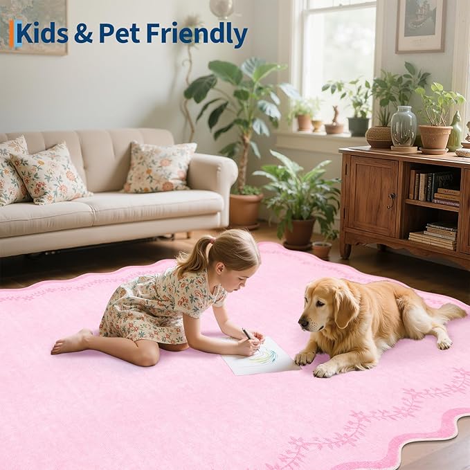 GarveeHome Round Area Rugs 4ft for Kids Room, Solid Pink Scalloped Washable Circle Rug Soft Non Slip Floral Print Floor Mat Carpet Indoor Thin Tent Rug for Bedroom Dining Room Playroom Nursery