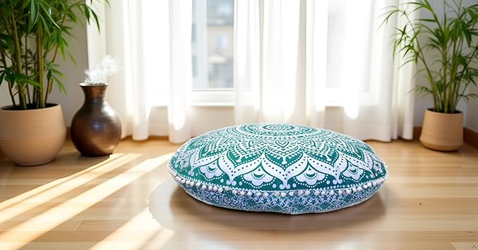 ICC Large Round seat Floor Cushion Chair Ottoman Cover, Pouf Pillow Meditation Floor Cushions Covers, Seating pouffe Throw Covers Craft Room Furniture for Sitting Cover 32" Inches Green