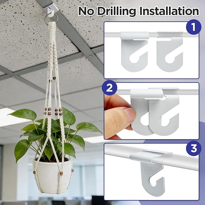 2 Pack Macrame Plant Hanger with Drop Ceiling Hooks, Hanging Planter with Wooden Bead, No Tassels for Indoor Outdoor Boho Office Classroom Decor, 35 Inches (Pots Not Included)