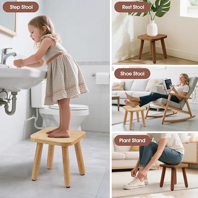 Solid Wood Step Stool 9.3" - 300lbs Capacity Plant Stand Indoor, Smal Stools to Sit on, Multi-Use Footstool for Bathroom/Bedroom/Kitchen（Natural Color）