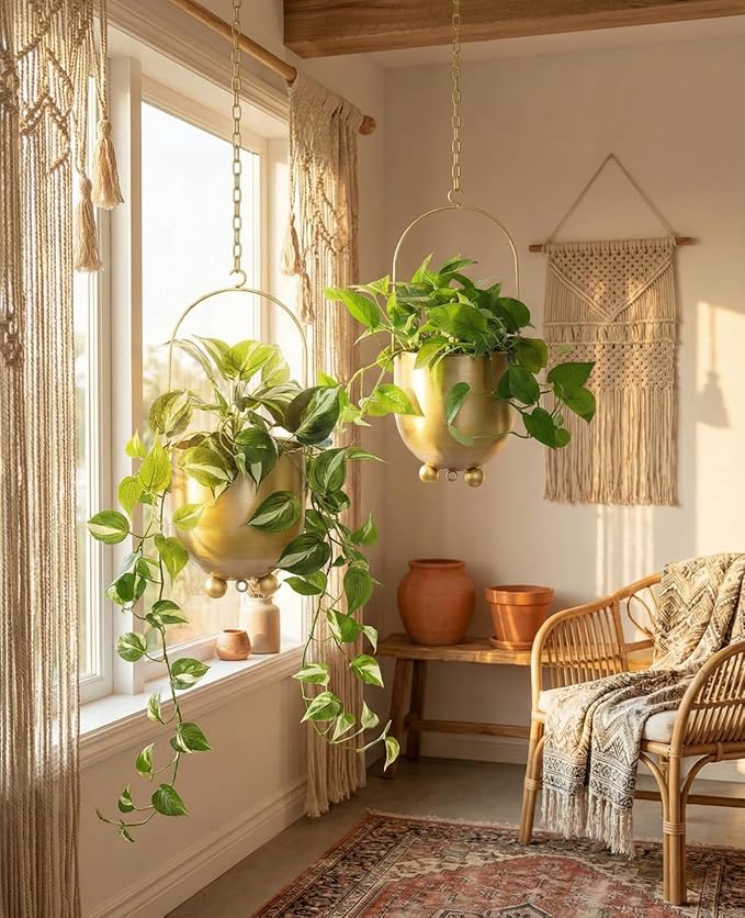 AceList Gold Hanging Planters for Indoor Plants, Set of 2-4.5 inch Metal Plant Hangers from Ceiling or Wall, Modern Boho Window Flower Pots, Pothos, Ivy - No Drainage Hole