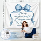 LIANGW Light Blue Bible Verse Christian Wall Tapestry – Proverbs 31 Bible Blue Bow Aesthetic for Girls Bedroom or Dorm Room,Faith-Based Blue Room Decor Aesthetic, 50x60 Inch
