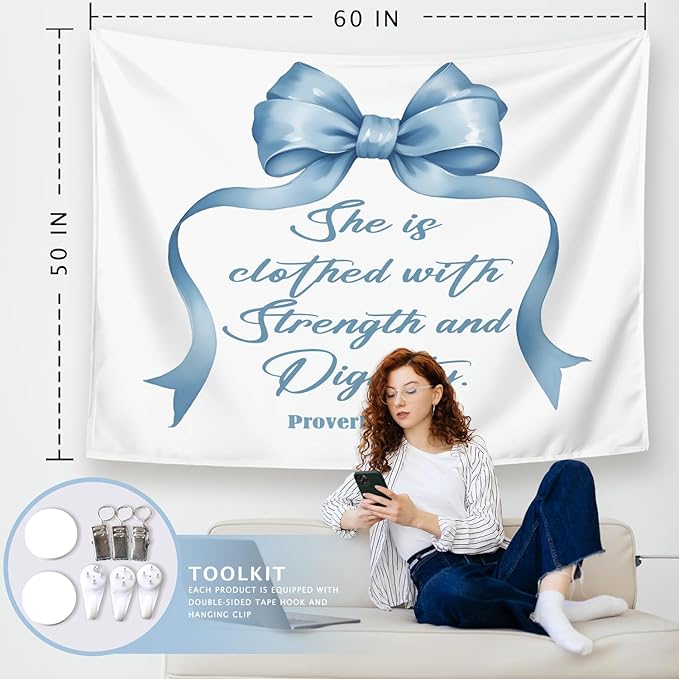 LIANGW Light Blue Bible Verse Christian Wall Tapestry – Proverbs 31 Bible Blue Bow Aesthetic for Girls Bedroom or Dorm Room,Faith-Based Blue Room Decor Aesthetic, 50x60 Inch