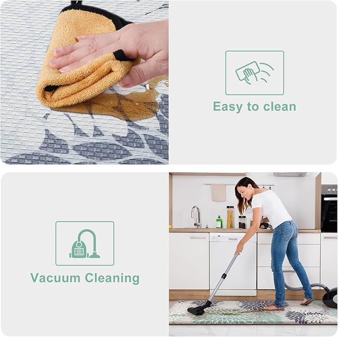 Anti Fatigue Kitchen Mat 2PCS,Boho Dahlia Floral Kitchen Rugs Non Slip Rubber Backing,Waterproof Farmhouse Kitchen Mat for Floor,Cushioned Standing Mat for Office,Laundry,Sink,Desk,Multi Cyan