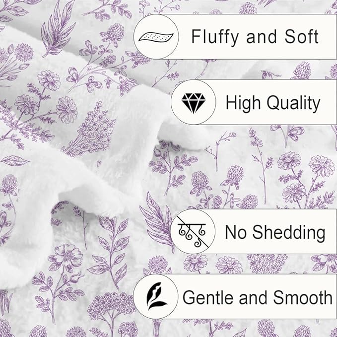 Floral Fuzzy Blanket Purple Floral Throw Blanket, Botanical Flowers Blankets, Soft, Flannel, Warm, Boho Flowers Bed Blankets All Season for Couch Bedroom Living Room 50X70 Inch