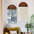 2 Pcs Tie-dye Macrame Wall Hanging Boho Home Decor, Blue White Yarn Tassel Wall Art with Modern Wood Frame, Semicircle Design 13.7" W x 30" L Perfect for Living Room Bedroom Headboard Decoration