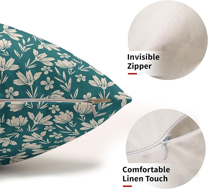 Teal Pillow Covers 12x20 Set of 2 Vintage Floral Rustic Old Style Cute Flower Print Rectangle Decorative Outdoor Pillowcases Seasonal Farmhouse Throw Cushion Case Couch Sofa Bed Decor