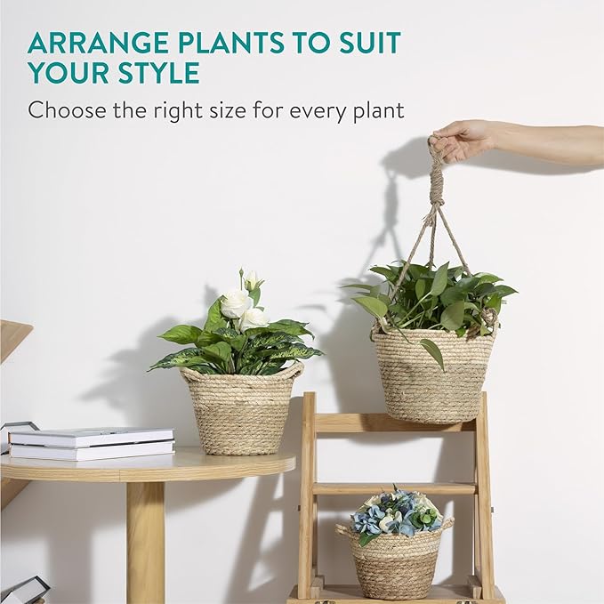 Navaris Seagrass Hanging Plant Pot Set - Decorative Indoor House Plant & Flower Pots with Jute Rope - Woven Basket Pattern for Home Storage - Small, Medium and Large Planters