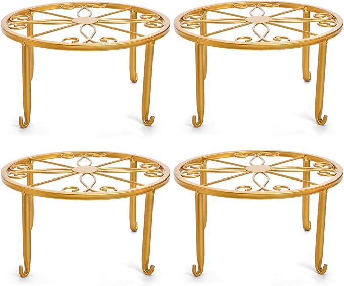 Tosnail 4 Pack 9" Small Gold Metal Plant Stands, Short Round Tabletop Planter Holder, Iron Planter Support for Indoor Outdoor Desk & Patio, Heavy Duty Low Flower Stands