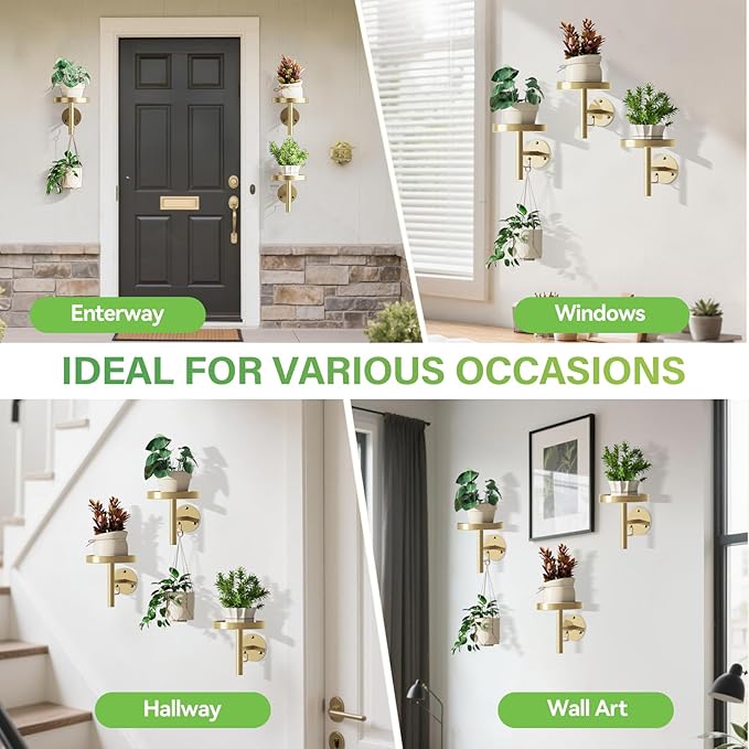 DELLAN Wall Plant Holder, 3 Pack Metal Wall Planters Stand Floating Shelves for Indoor Plants, Window Sill Plant Decor for Bedroom, Bathroom, Living Room, Home, Office, All Gold