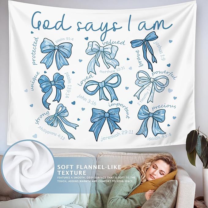 LIANGW Blue Bow Christian Tapestry, Bible Bow Aesthetic for Girls Bedroom for Dorm Room, Inspirational Christian Tapestries for Women, Faith - Based Blue Room Decor Aesthetic 50x60 inch