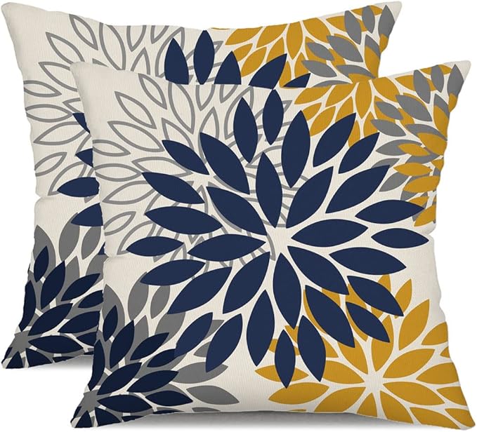 DFXSZ Blue Yellow Flower Pillow Covers 16x16 Inch Set of 2 Outdoor Throw Pillows Outdoor Waterproof Decor for Living Room Sofa Patio Funiture Garden Floral Polyester Pillow Covers 002Z16