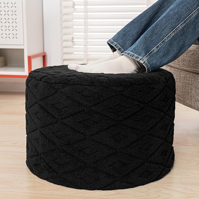 Fluffy Round Ottoman Pouf with All-in-One Foam Filling 20" x 14" Furry Ottoman Foot Rest Foot Stool for Living Room or Bedroom (Black)
